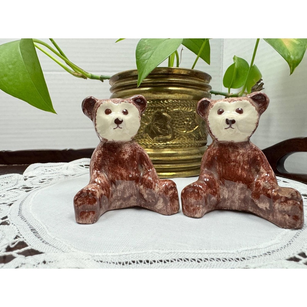 Vintage Raven Ceramic Teddy Bear Salt and Pepper Shakers Brown Glossy Set of 2